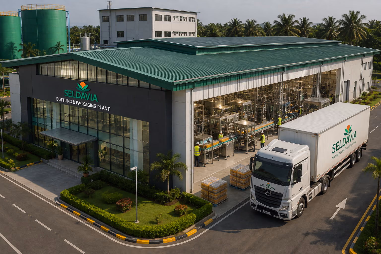 Modern bottling and packaging plant with a large green roof and glass facade labeled 'SELDAVIA.' Inside, workers operate bottling machinery filling bottles with orange liquid. A white SELDAVIA truck is parked outside with pallets of bottled products near the entrance. The facility is surrounded by landscaped greenery and palm trees under a clear sky.