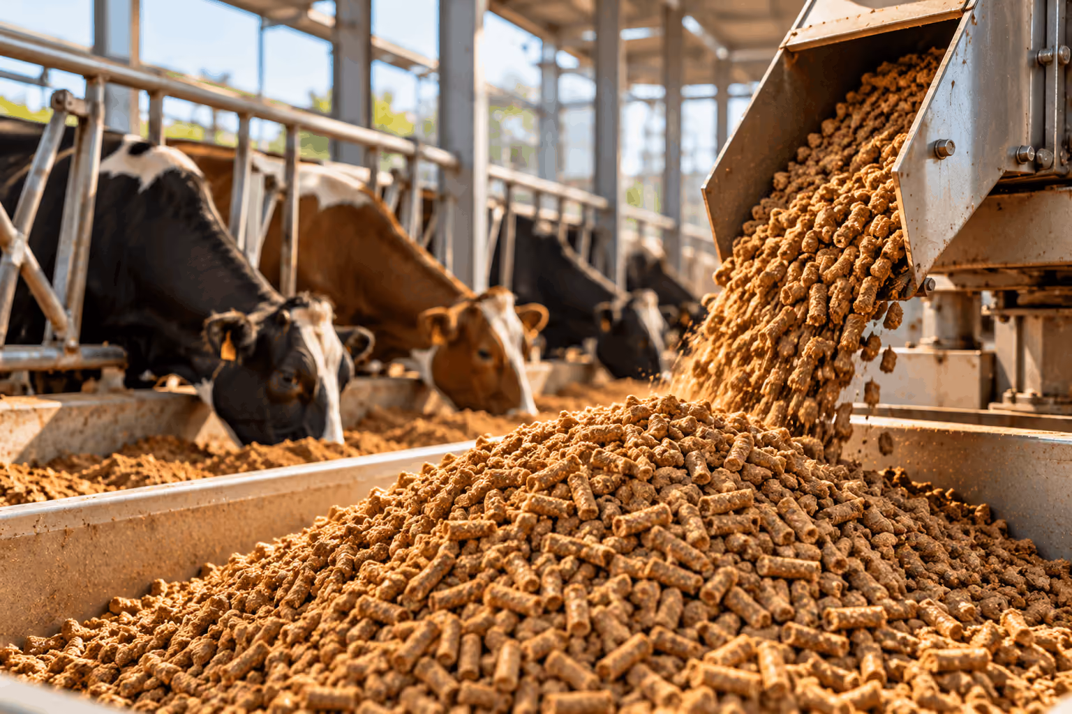Close-up of a machine dispensing brown pellet feed into a trough where black and brown dairy cows are eating in a barn.
