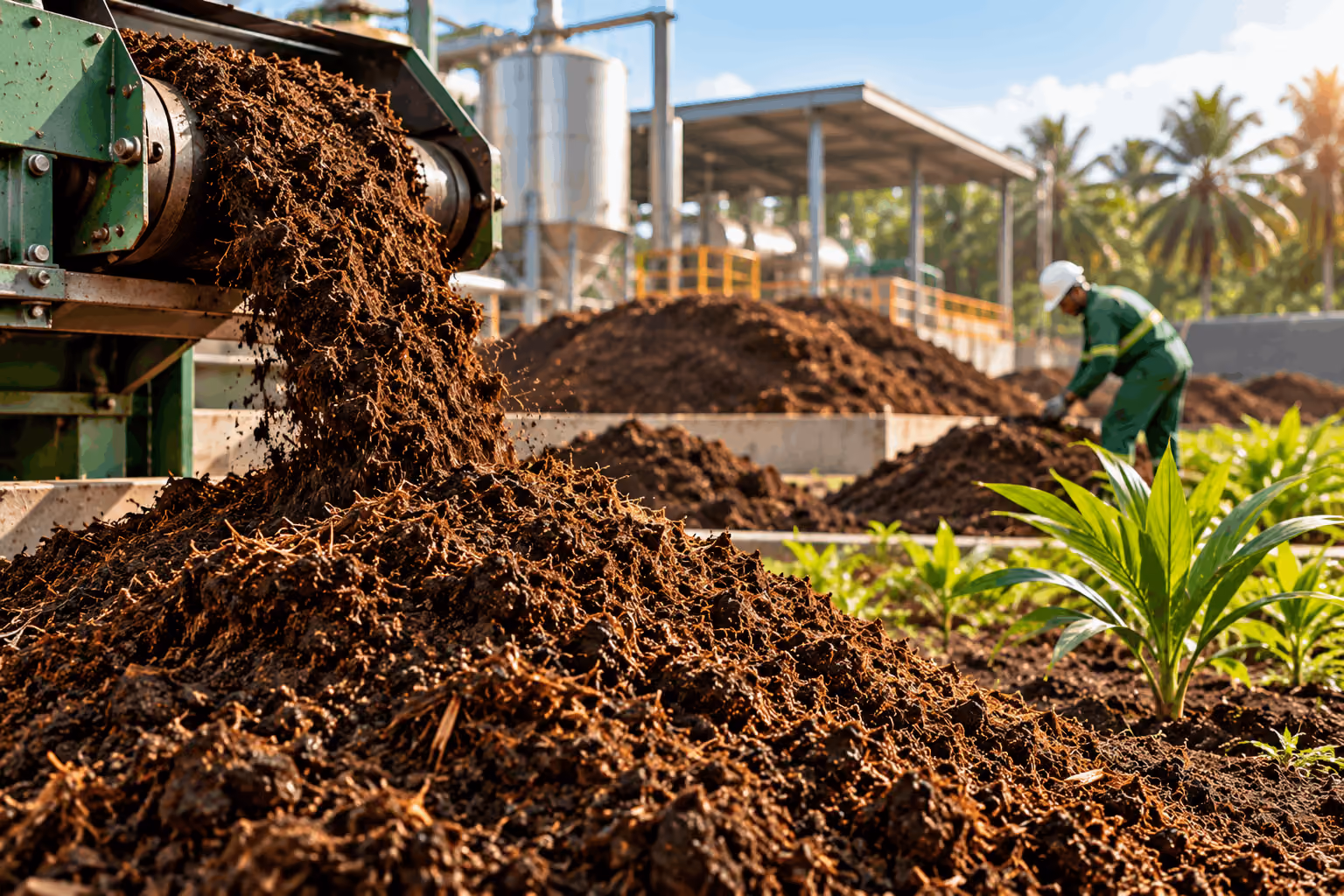 Organic material being processed and deposited by a machine in a composting facility with a worker in protective gear tending the compost piles, surrounded by green plants under a partly cloudy sky.