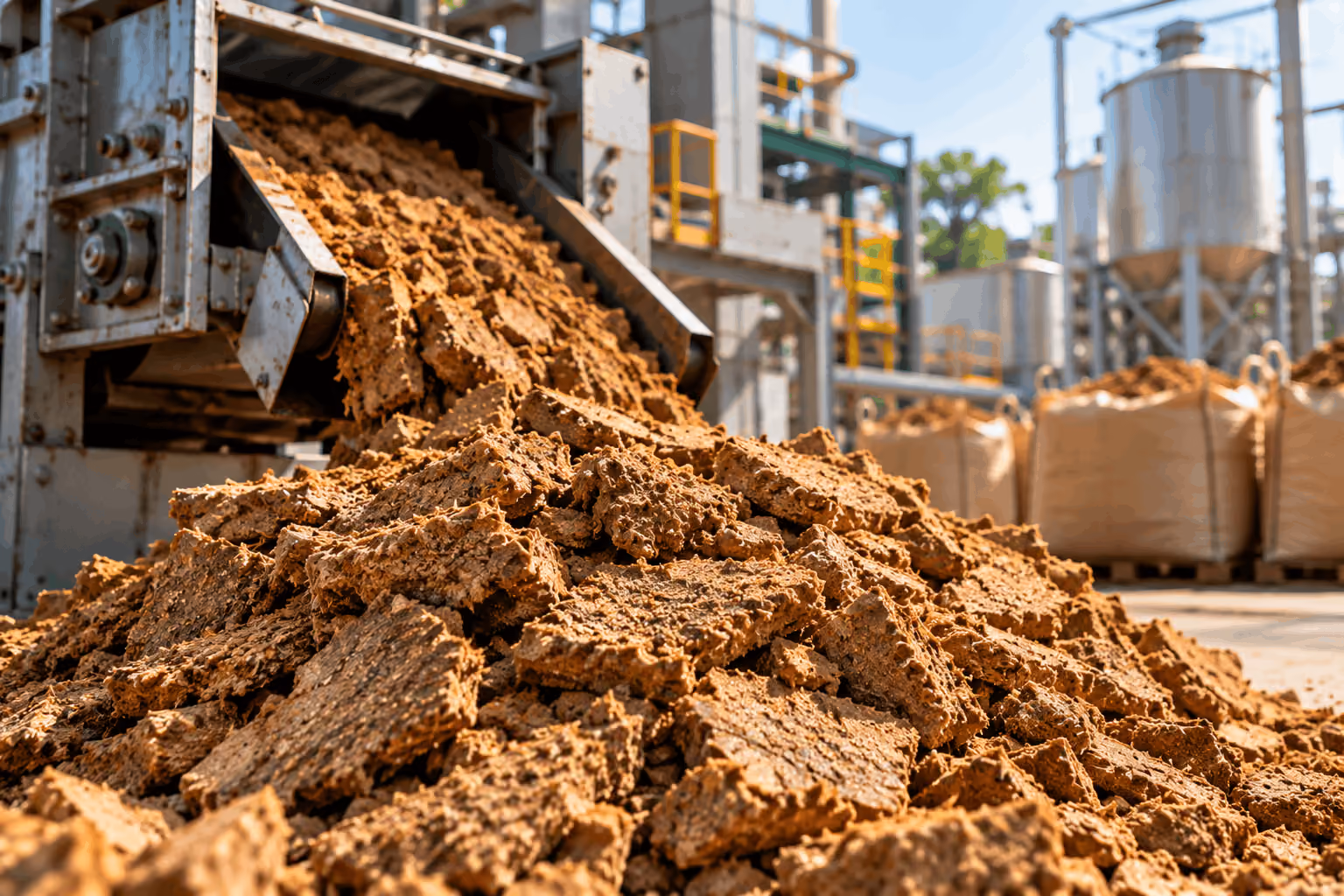 Brown compressed chunks of raw material being discharged from an industrial machine onto a pile, with large storage bags and metal processing equipment visible in the background.