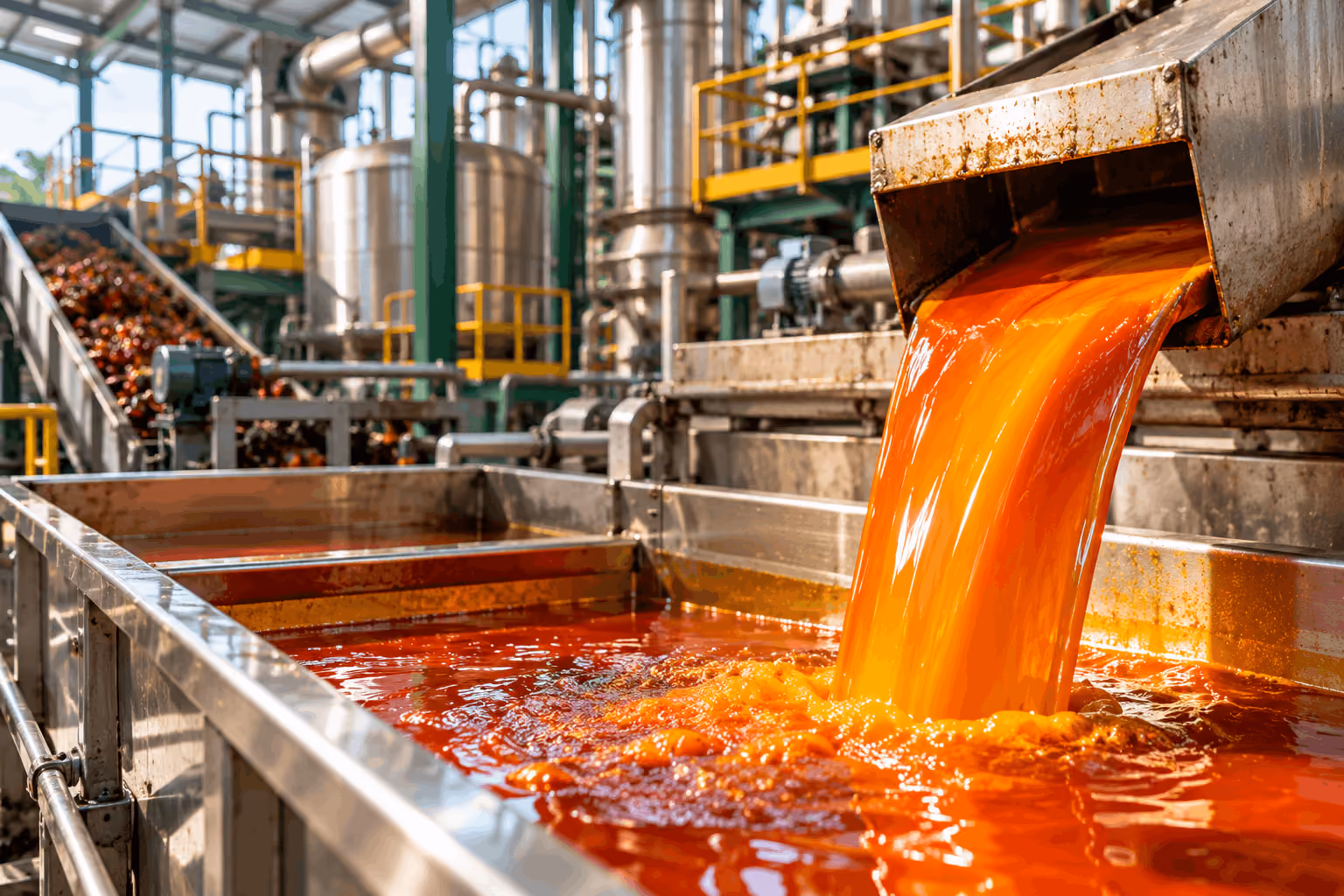 Bright orange liquid flowing from a metal chute into a large stainless steel container inside an industrial facility with machinery and piping visible in the background.