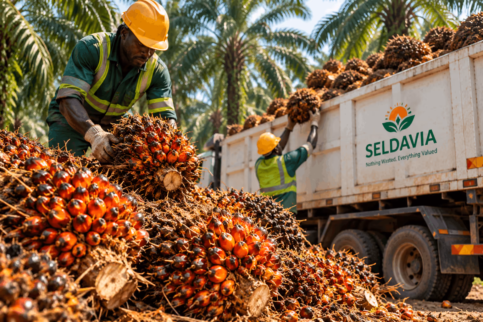 Two workers in green uniforms and yellow helmets handling freshly harvested oil palm fruit bunches near a truck loaded with the fruit, surrounded by palm trees under clear sky.