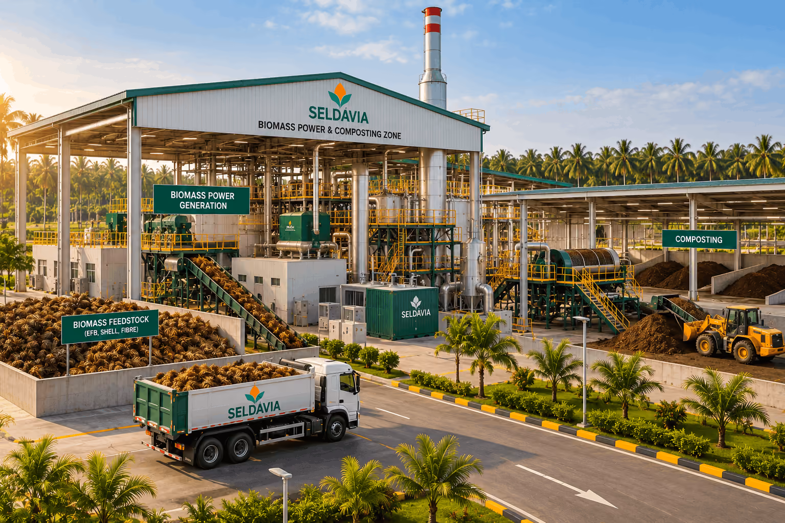 Seldavia biomass power and composting zone with labeled sections: biomass feedstock area filled with organic material, biomass power generation building, composting area with soil and a loader, surrounded by palm trees and greenery along a paved road with trucks and industrial equipment.