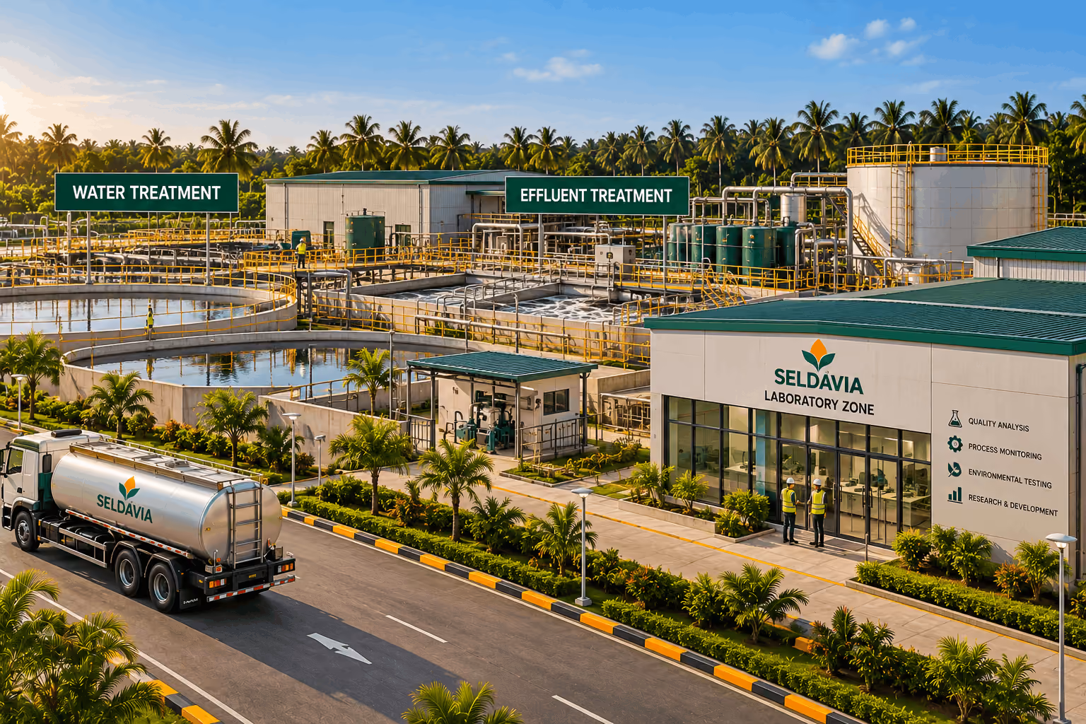 A modern water treatment facility with labeled zones for water treatment and effluent treatment, featuring circular and rectangular tanks, a laboratory building with large windows labeled SELDAVIA Laboratory Zone, and a truck with the SELDAVIA logo on the road nearby, surrounded by palm trees and greenery under a blue sky.