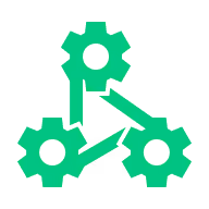 Three interconnected green gears connected by green arrows forming a triangular loop representing component exchange or workflow process.