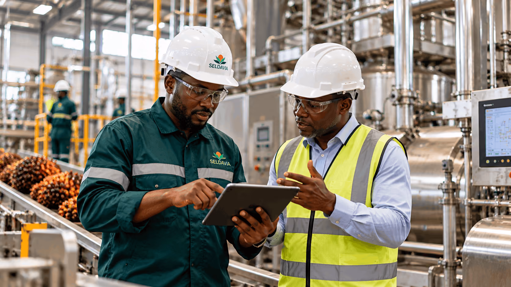Two male engineers wearing white hard hats and safety glasses review information on a tablet inside an industrial processing plant with stainless steel machinery and conveyors carrying palm fruit bunches.