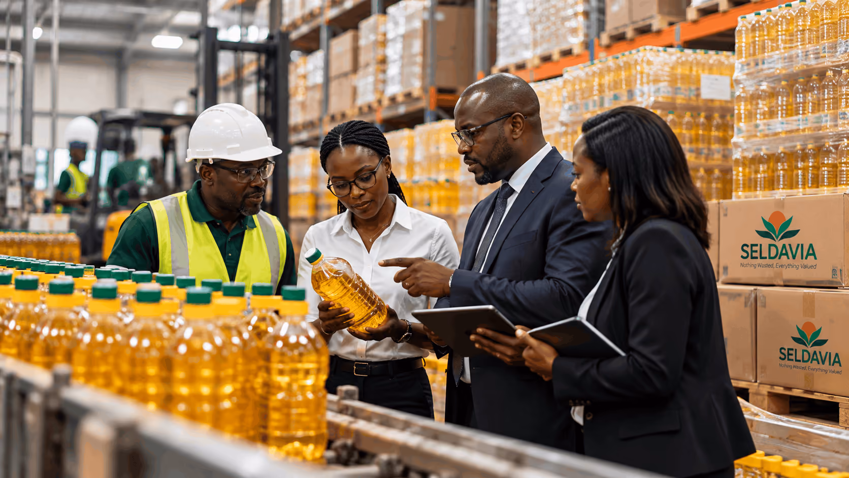 Four professionals inspecting a plastic bottle filled with yellow oil in a large warehouse filled with stacks of similar bottles and boxes labeled SELDAVIA; one man wears a white hard hat and safety vest, another man in a suit points at the bottle, and two women hold tablets as they examine the product.