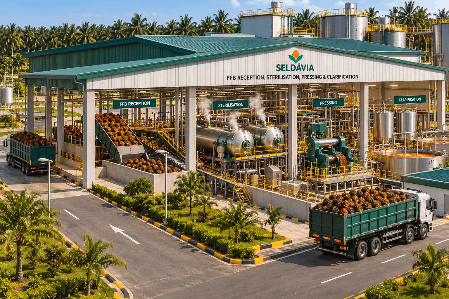 Modern palm oil processing facility with large green-roofed building labeled 'FFB Reception, Sterilisation, Pressing & Clarification' by Seldávia, showing trucks unloading palm fruit bunches, steaming sterilization tanks, pressing machinery, and clarifying tanks surrounded by palm trees and neatly landscaped roads.