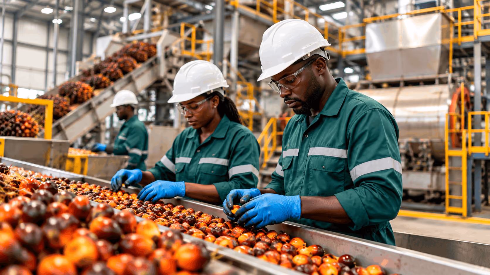 Three workers wearing green uniforms, white safety helmets, blue gloves, and safety glasses inspecting and sorting palm fruits on a processing line inside an industrial facility with machinery and conveyor belts.