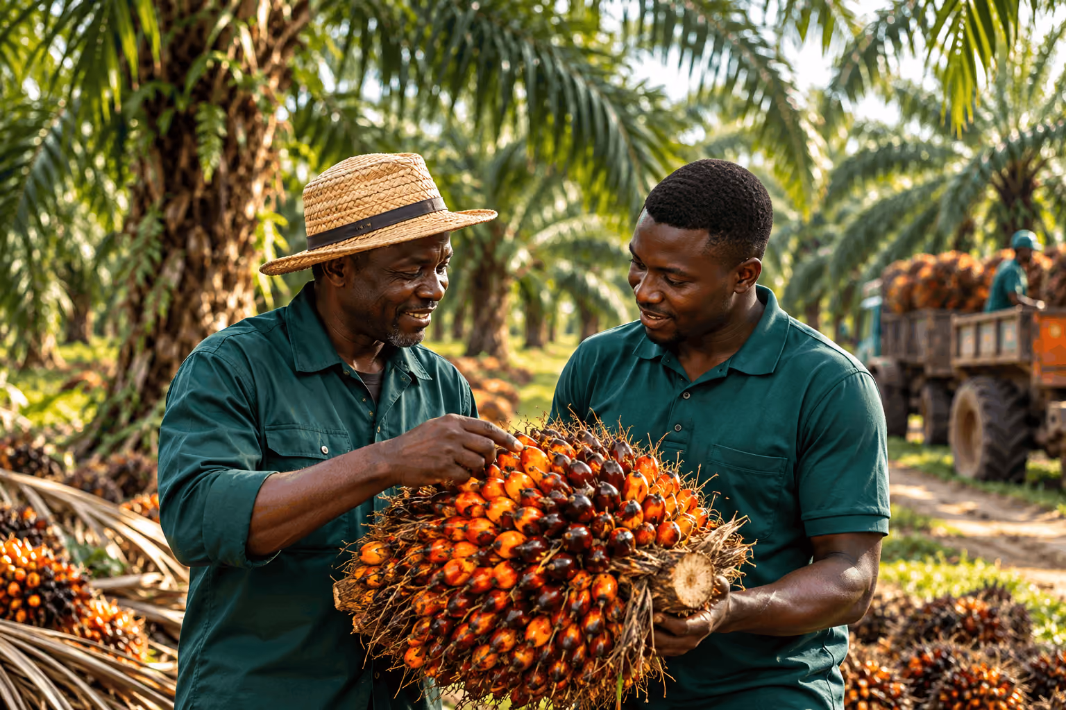 Two men in green shirts inspecting a large bunch of harvested oil palm fruit in a palm plantation, with palm trees and a loaded truck in the background.
