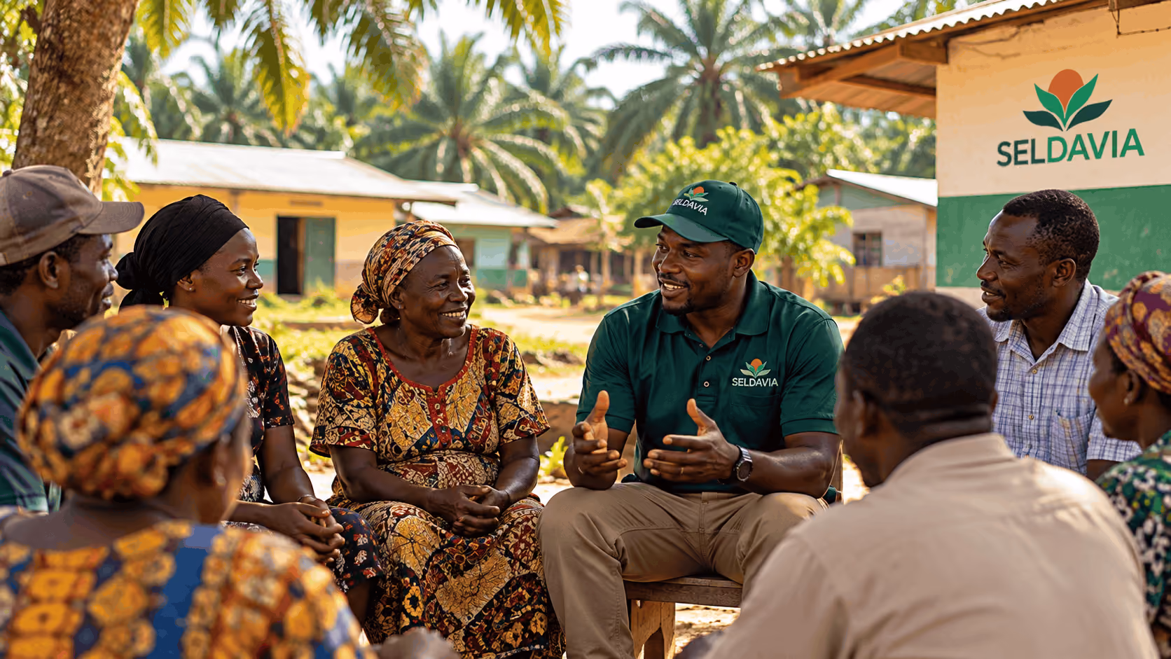 A group of people engaged in a community dialogue outdoors under palm trees, with a man wearing a green SELDAVIA shirt and cap speaking while others listen attentively, seated on wooden stools near a building with a SELDAVIA logo.