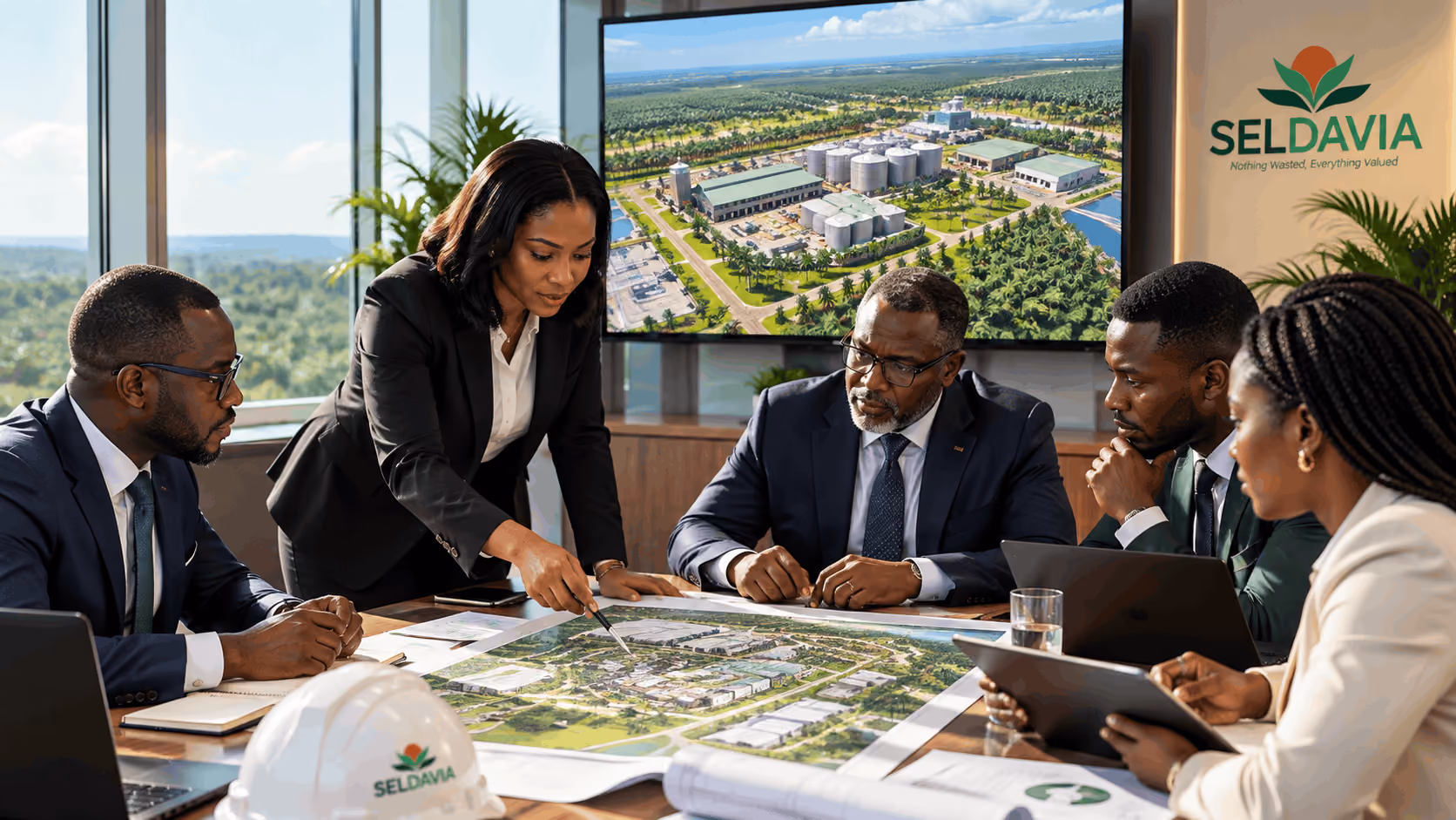 Five professionals in a meeting room examining a large site plan on a table, with a woman pointing at the plan, laptops and notes around, a white hard hat with SELDAVIA logo on the table, and a large screen behind them showing an aerial view of an industrial complex surrounded by greenery.