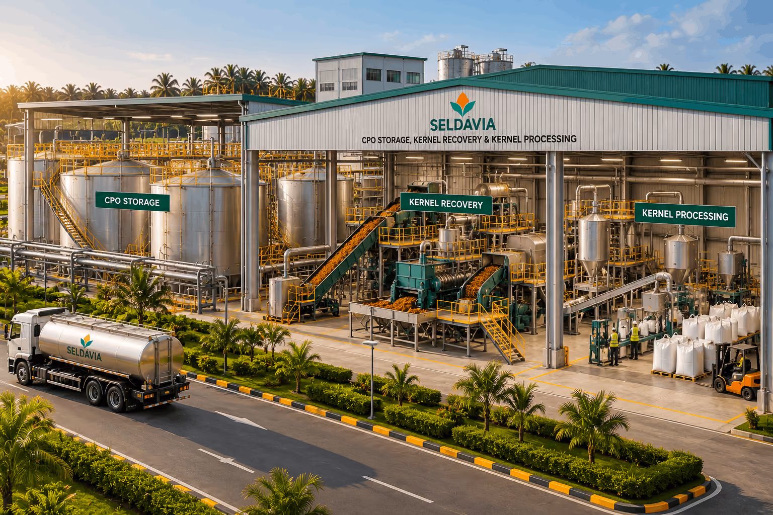 Seldavia palm oil processing facility with labeled sections for CPO storage, kernel recovery, and kernel processing, featuring large storage tanks, conveyor belts transporting palm fruit, packaged products, and a branded tanker truck on a road lined with palm trees.