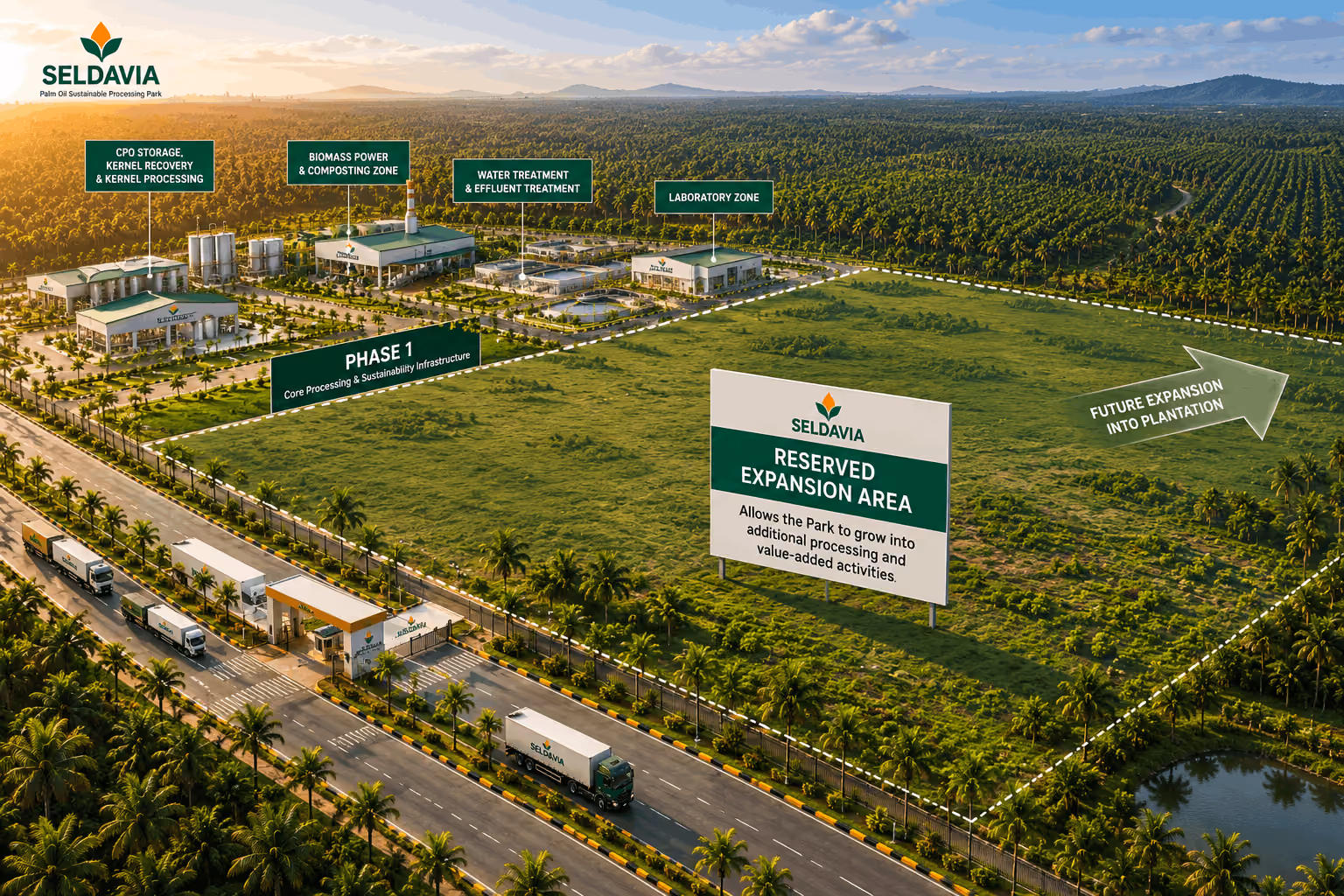Aerial view of Seldavia Palm Oil Sustainable Processing Park with labeled zones including CPO Storage and Kernel Processing, Biomass Power and Composting, Water Treatment and Effluent Treatment, and Laboratory Zone. A large green reserved expansion area is outlined and marked for future growth into plantation. Trucks with Seldavia branding are on the road beside the park, which is surrounded by palm trees and distant mountains under a partly cloudy sky.