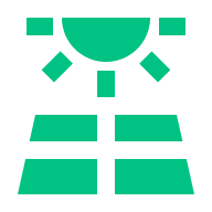 Stylized green icon depicting a sun above two solar panels arranged side by side, symbolizing solar power generation.